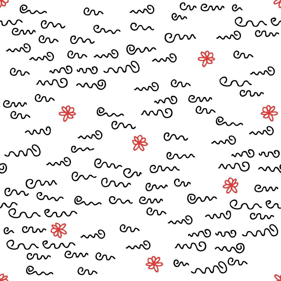 Fun doodle seamless pattern with squiggle lines and flowers. Creative minimalist style background for tee, textile, paper and fabric. vector