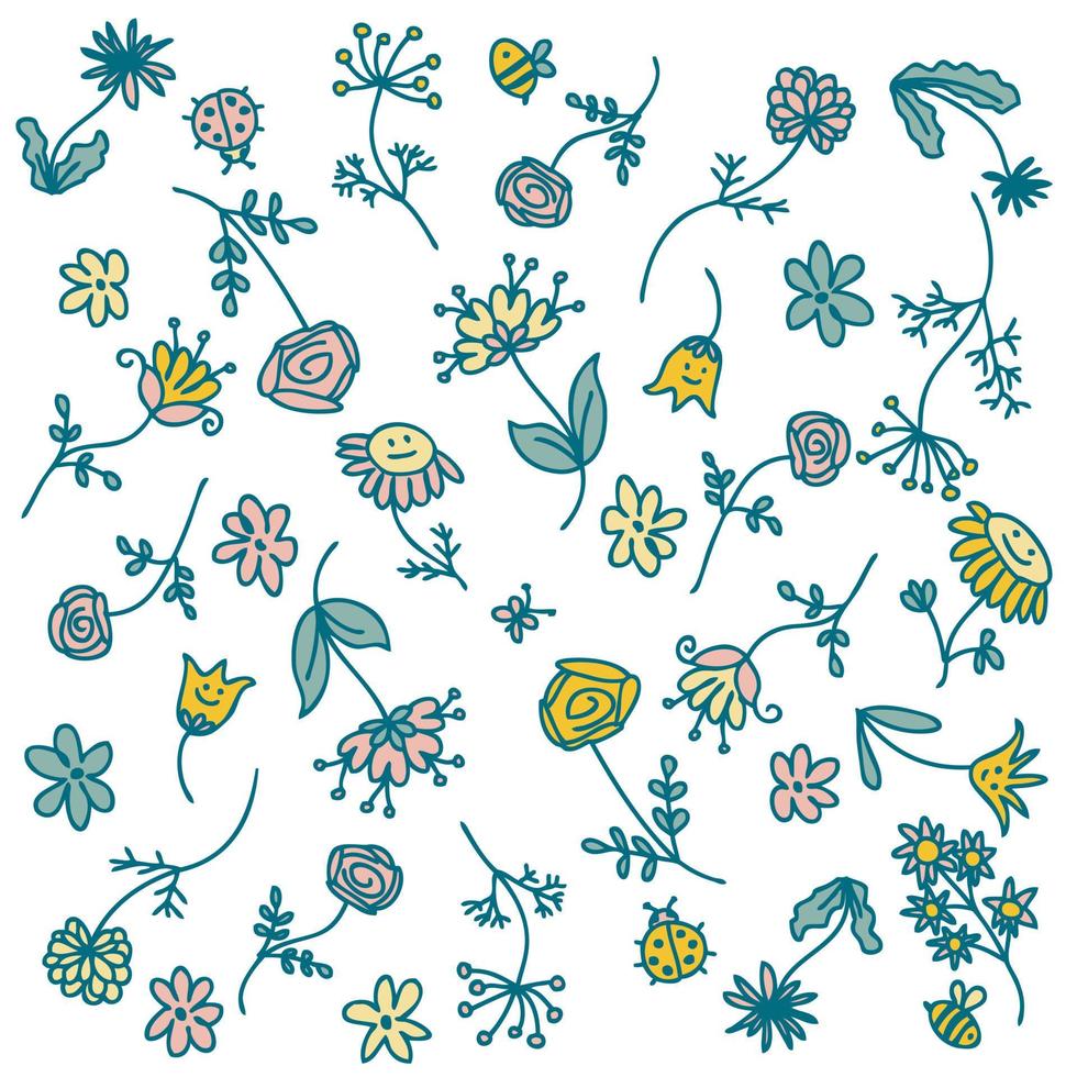 Doodle summer flowers pattern in retro style. Perfect print for tee, poster, card. vector