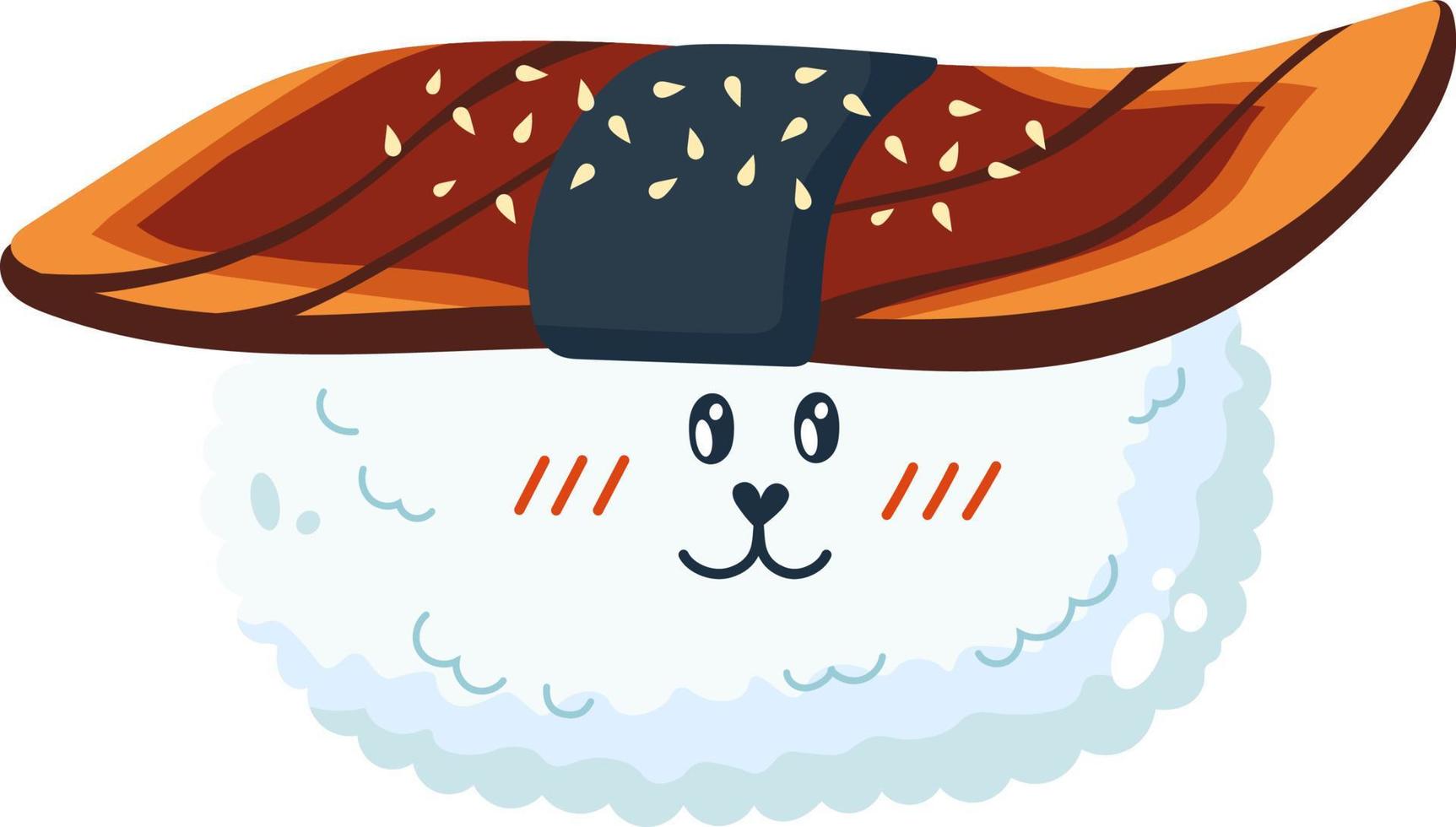 Sushi with eel in Kawaii style. Asian food. vector