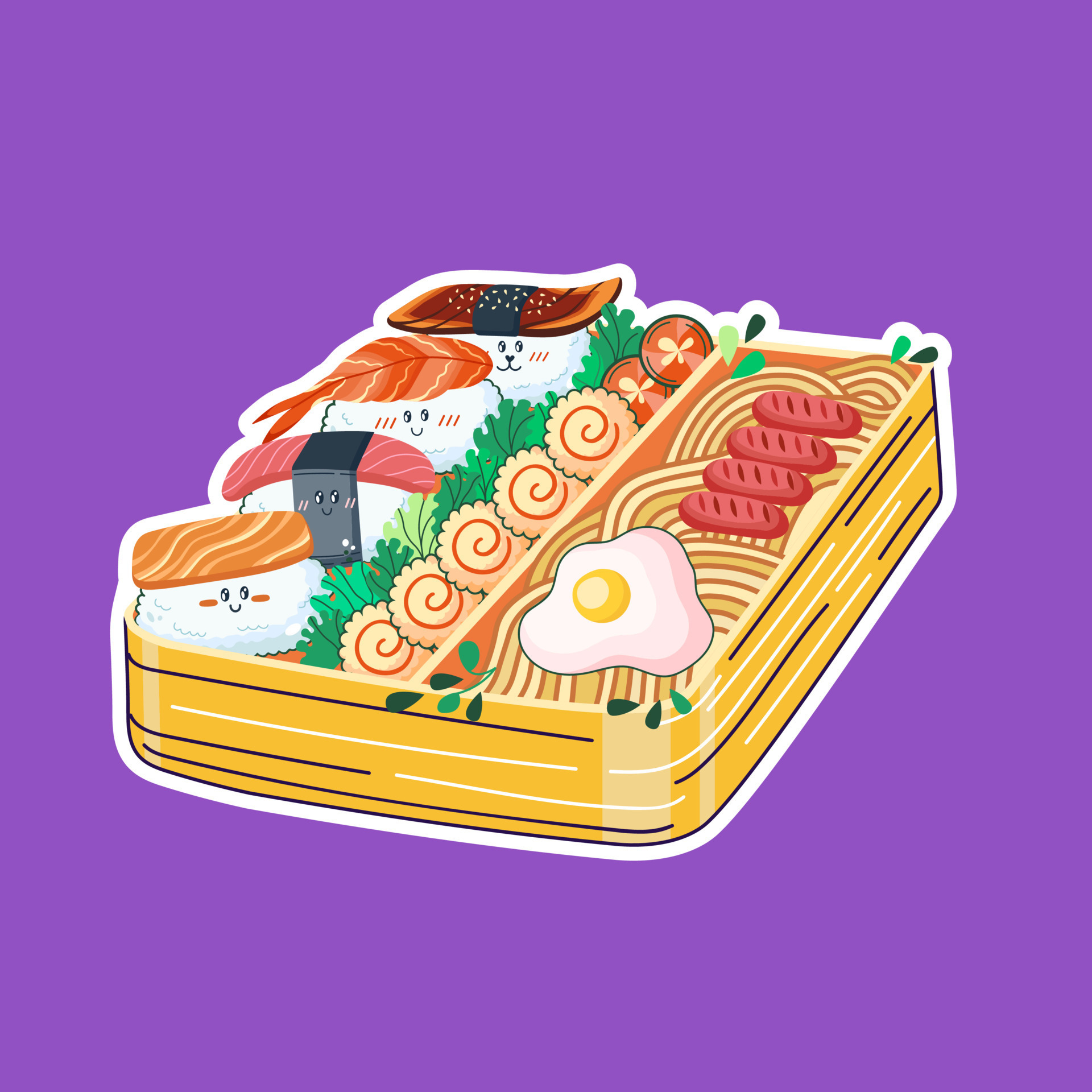 Bento box in Kawaii style. Cute, colorful illustration. Japanese food in a lunch  box. Anime and chibi. Vector. 23206466 Vector Art at Vecteezy