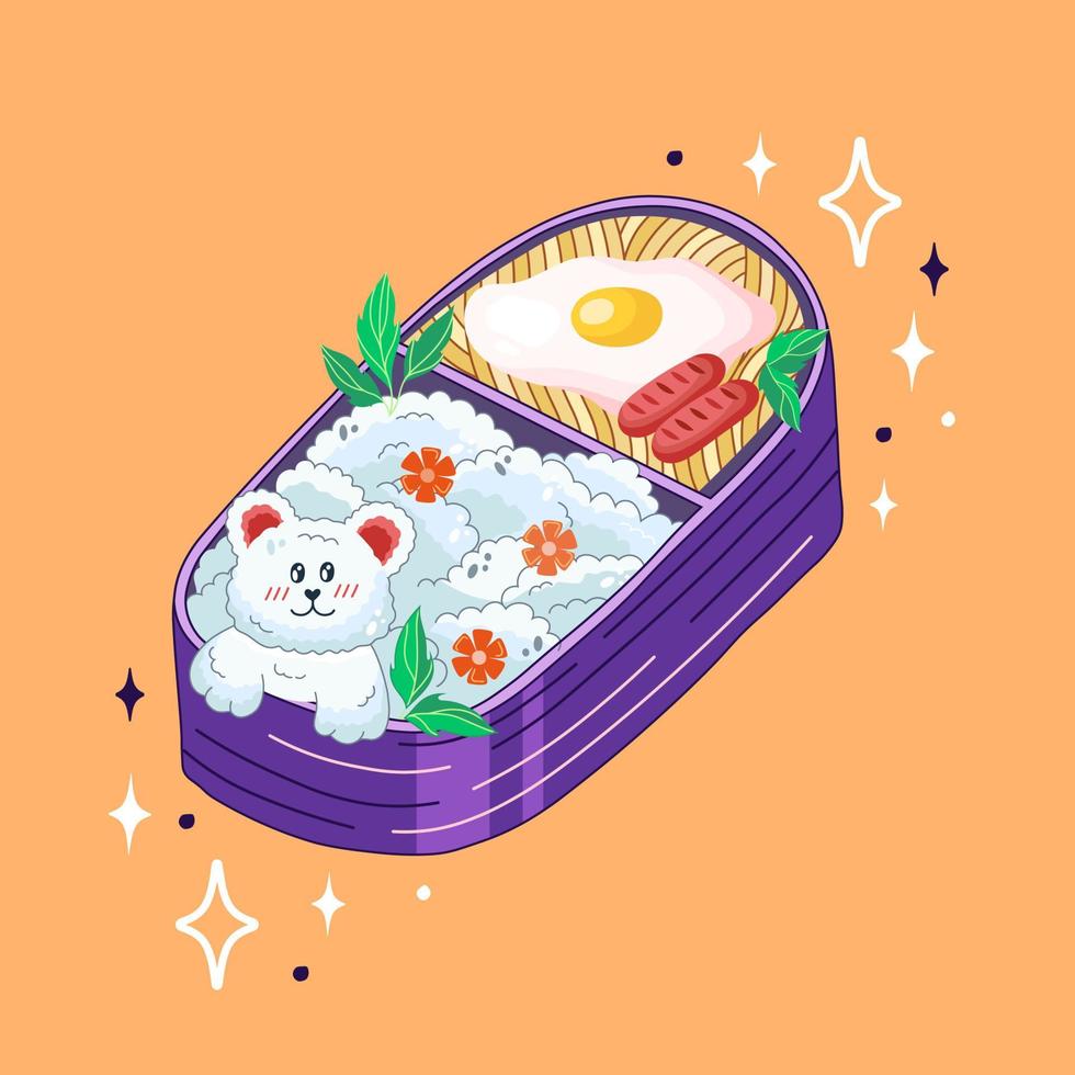 bento caja en kawaii estilo. lindo, vistoso ilustración. japonés comida en un almuerzo caja. anime y chibi vector. vector