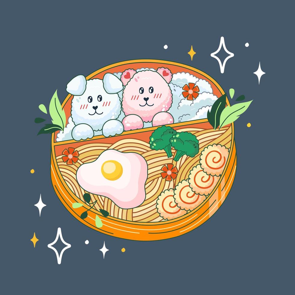 Bento box in Kawaii style. Cute, colorful illustration. Japanese food