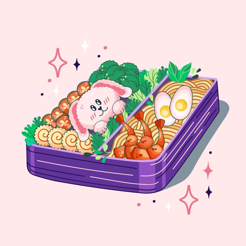 Bento box in Kawaii style. Cute, colorful illustration. Japanese food in a lunch  box. Anime and chibi. Vector. 23206469 Vector Art at Vecteezy