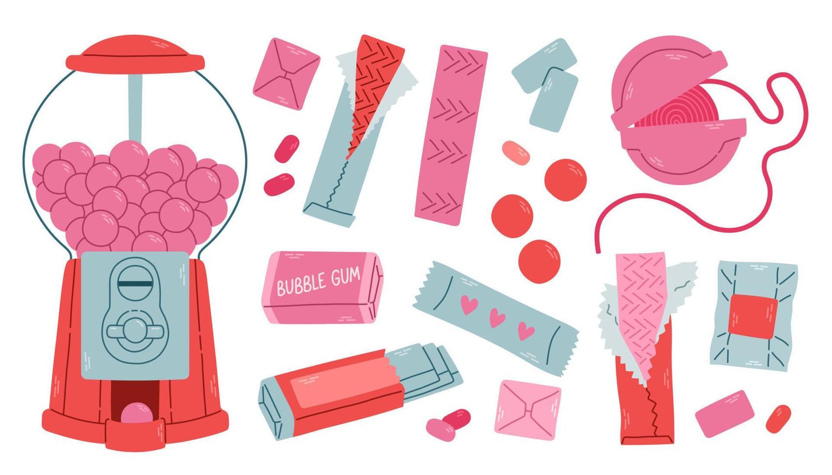 Bubble gum set.Bubble gum machine.  Isolated pink bubble gum in foil packages. Pads, balls and roll of red, pink and purple colors. Mint flavor taste cud, dental care chew icons. Vector illustration
