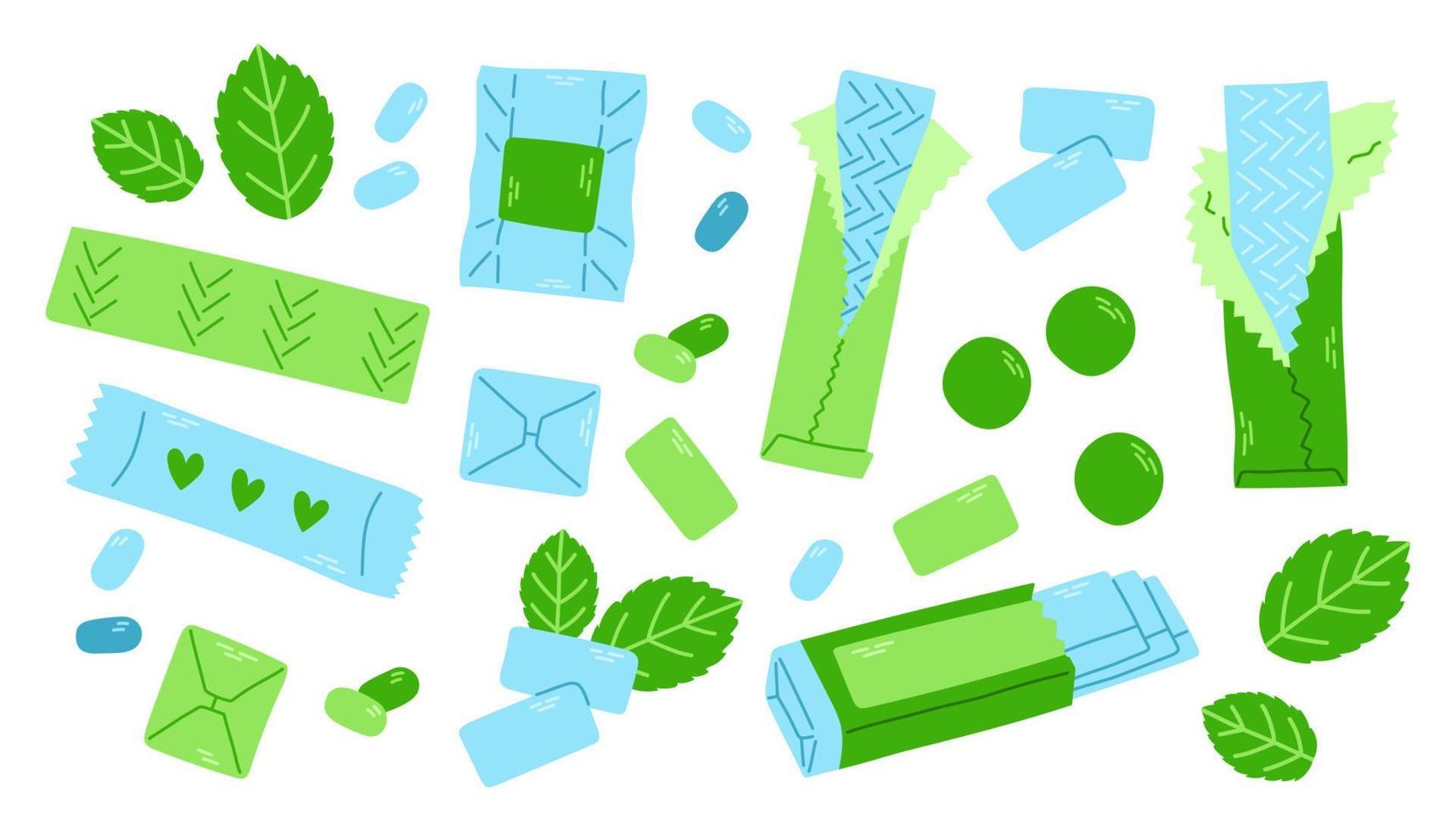 Mint bubble gum set. Isolated bubble gum in foil packages. Pads, balls and roll of blue and green colors. Mint flavor taste cud, dental care chew icons. Vector illustration