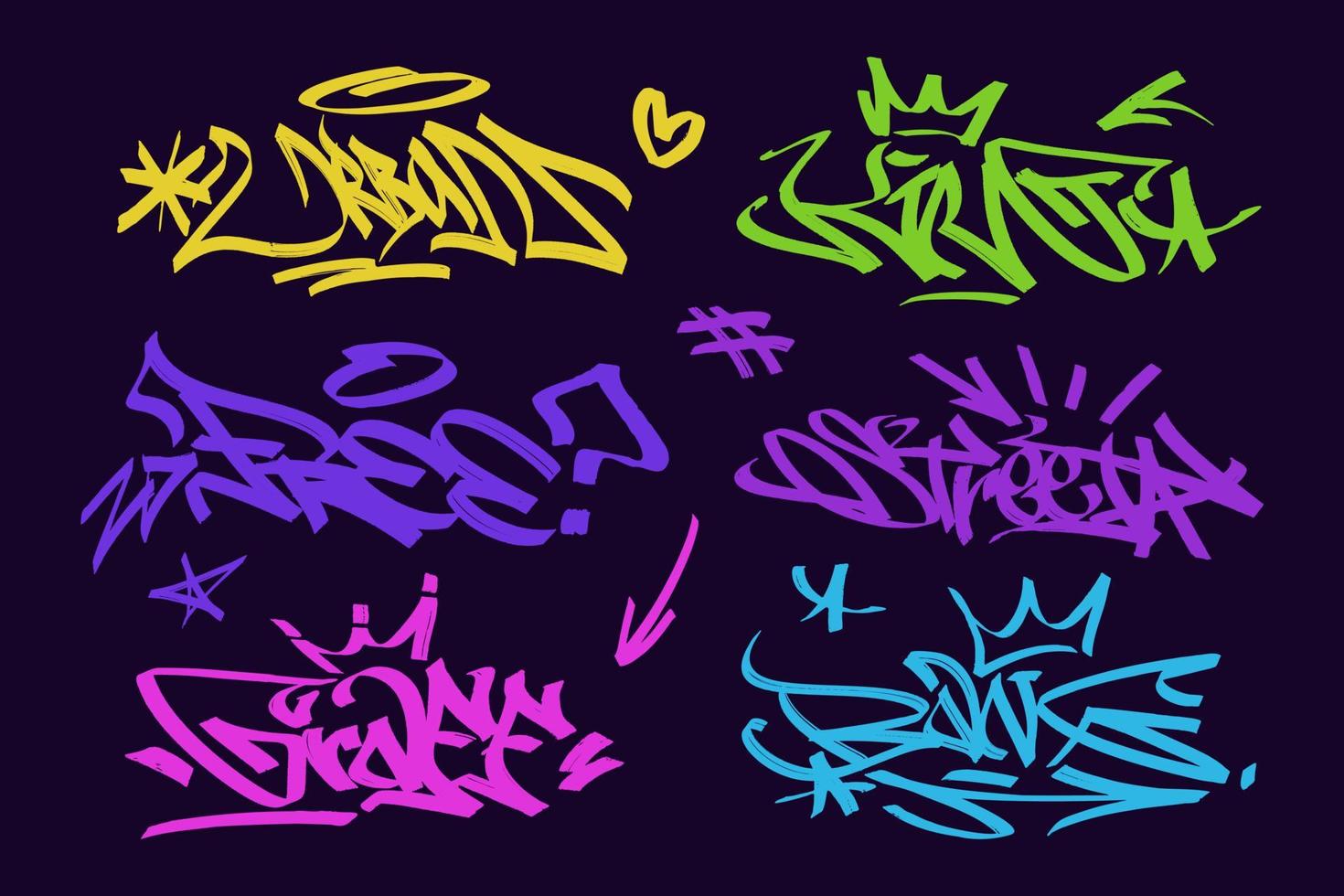 multicolored graffiti with letters, bright colored lettering tags in the style of graffiti street art. Vector illustration