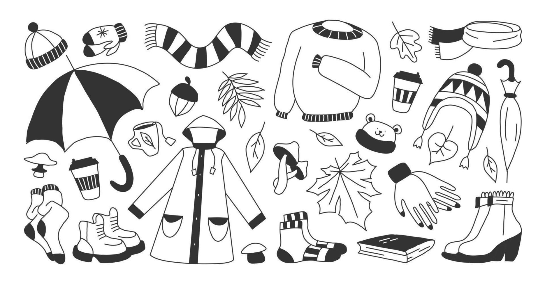 black set of icons symbolizing autumn, bright cartoon childish style, vector