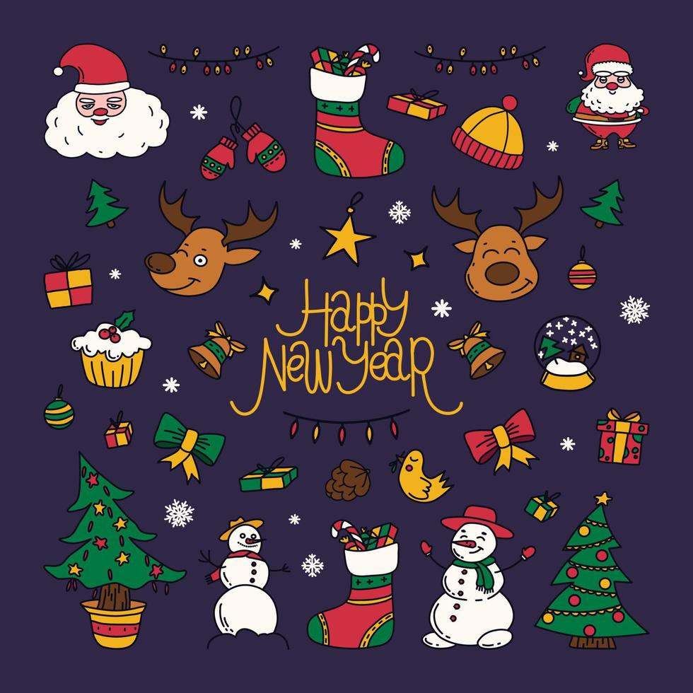 new year drawings icons, large set of festive clip-art graphics. Christmas design elements. Childish cute style. Vector illustration