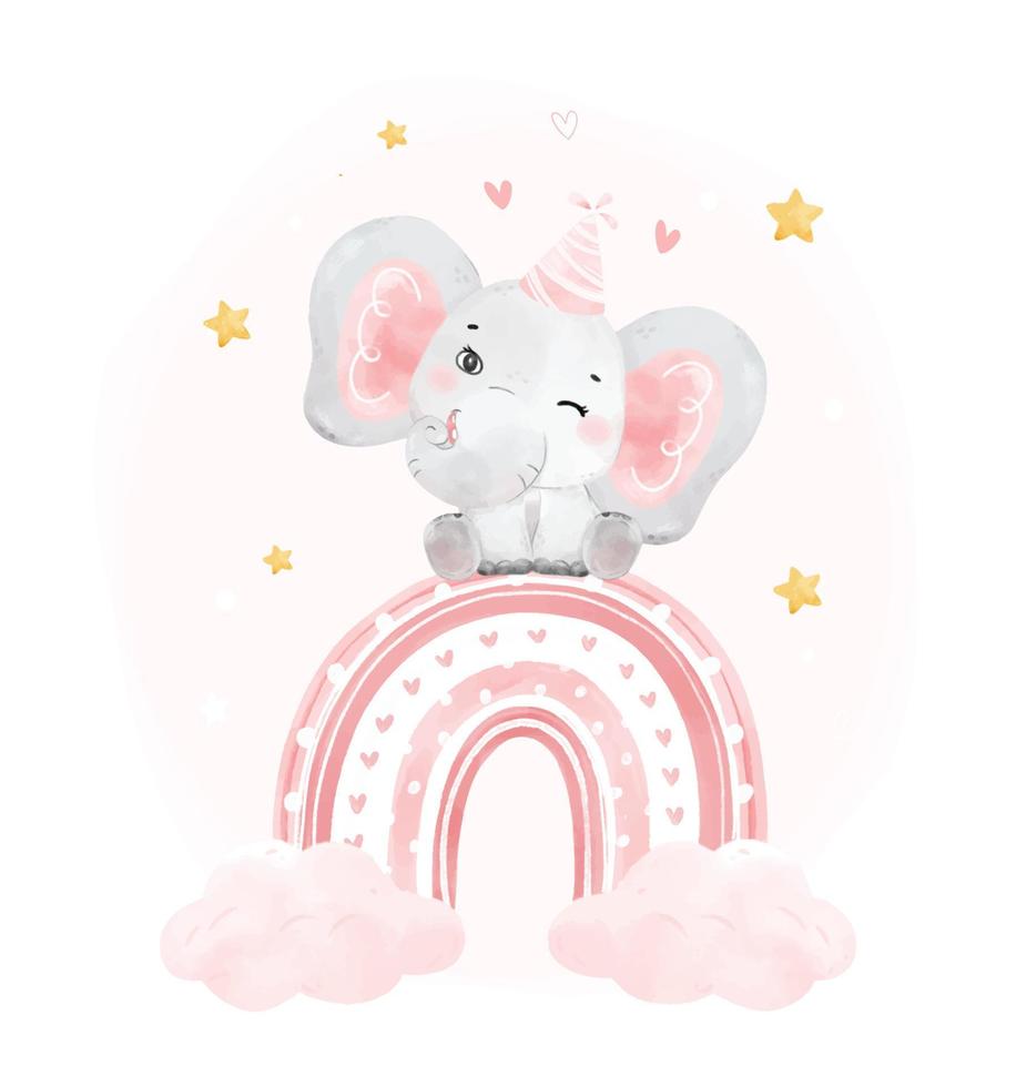 cute happy cheerful smile baby pink elephant girl sitting on pink rainbow, adorable nursery birthday wildlife animal watercolur cartoon illustration vector