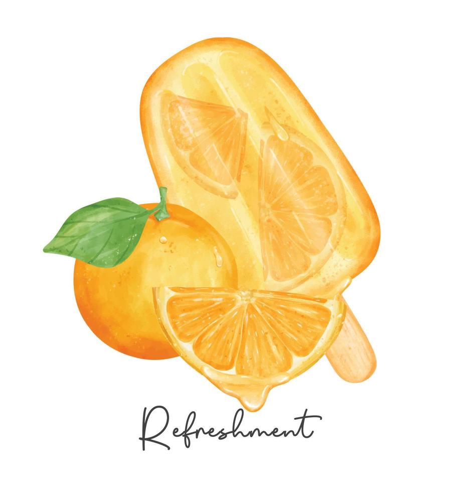 Refreshment homemade orange ice cream popsicle with fruits composition watercolour illustration vector banner isolated on white background.