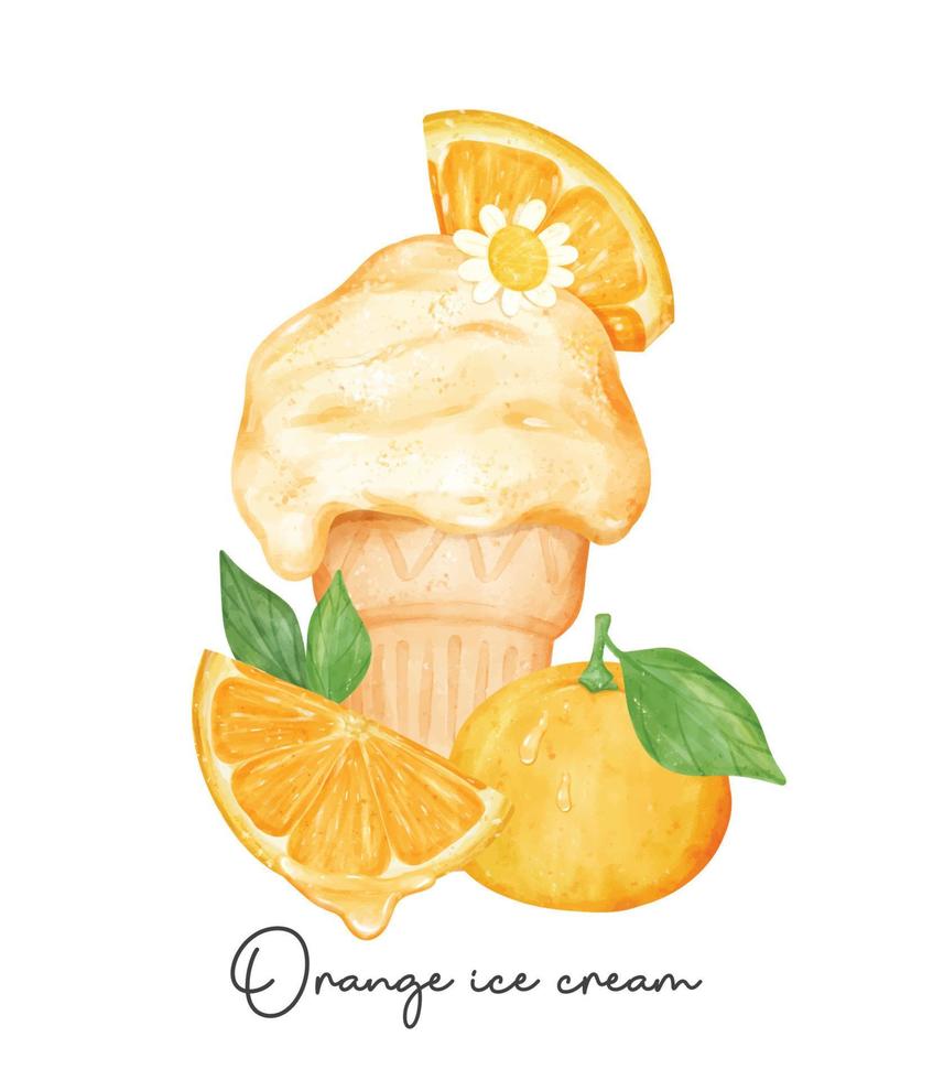 Refreshment homemade orange ice cream waffel cone with fruits composition watercolour illustration vector banner isolated on white background.