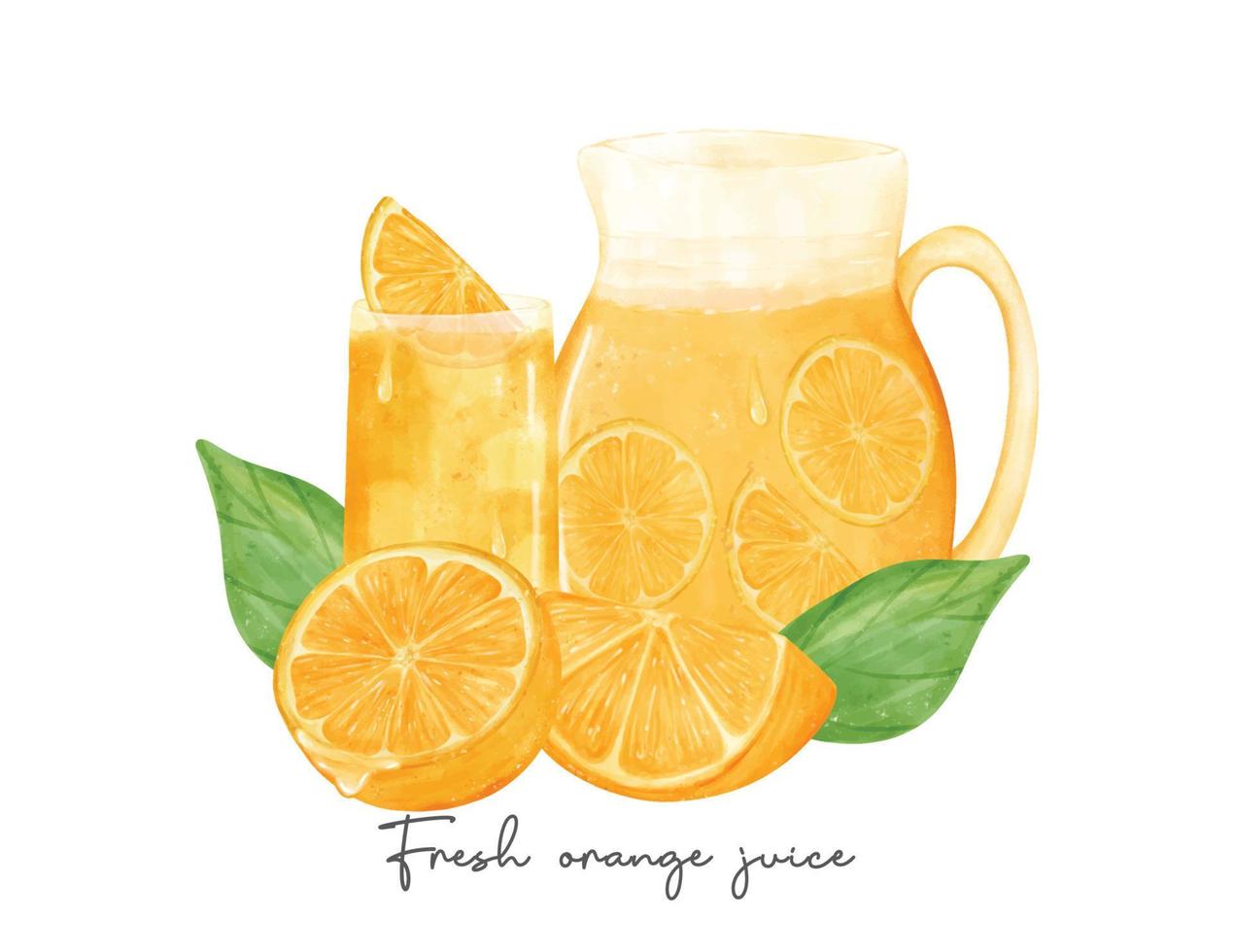 group of fresh homemade orange juice in glass and jar with orange fruit composition watercolour illustration vector isolated on white background.