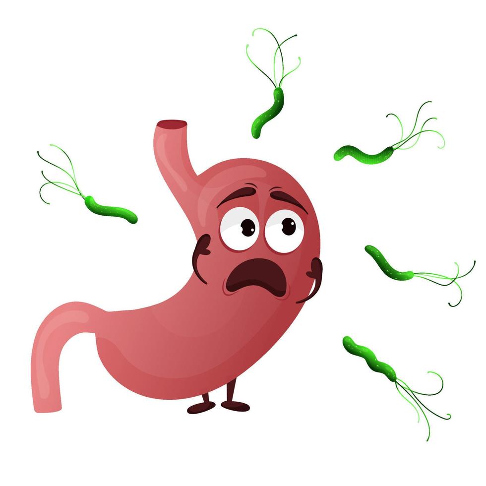 Cartoon stomach character. Concept fear, sick internal organ, helicobacter pylori. Vector illustration