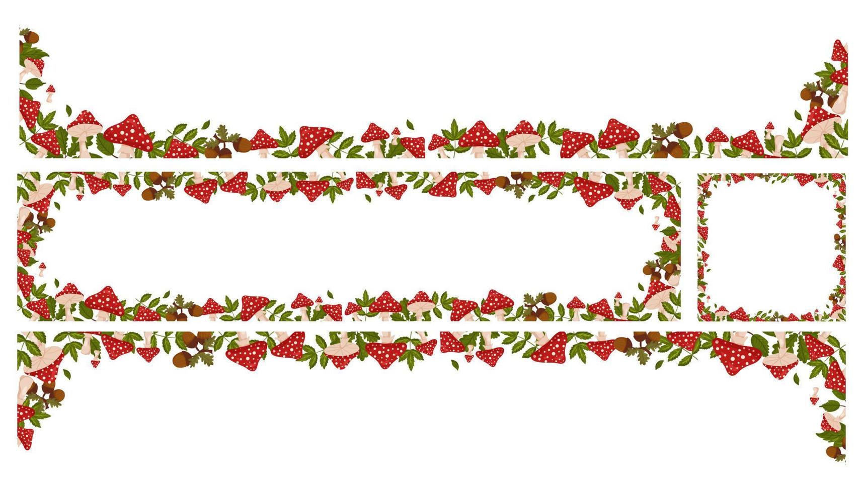 Spring horizontal frames with mushrooms, fly agarics, acorns and leaves. Autumn vector banners