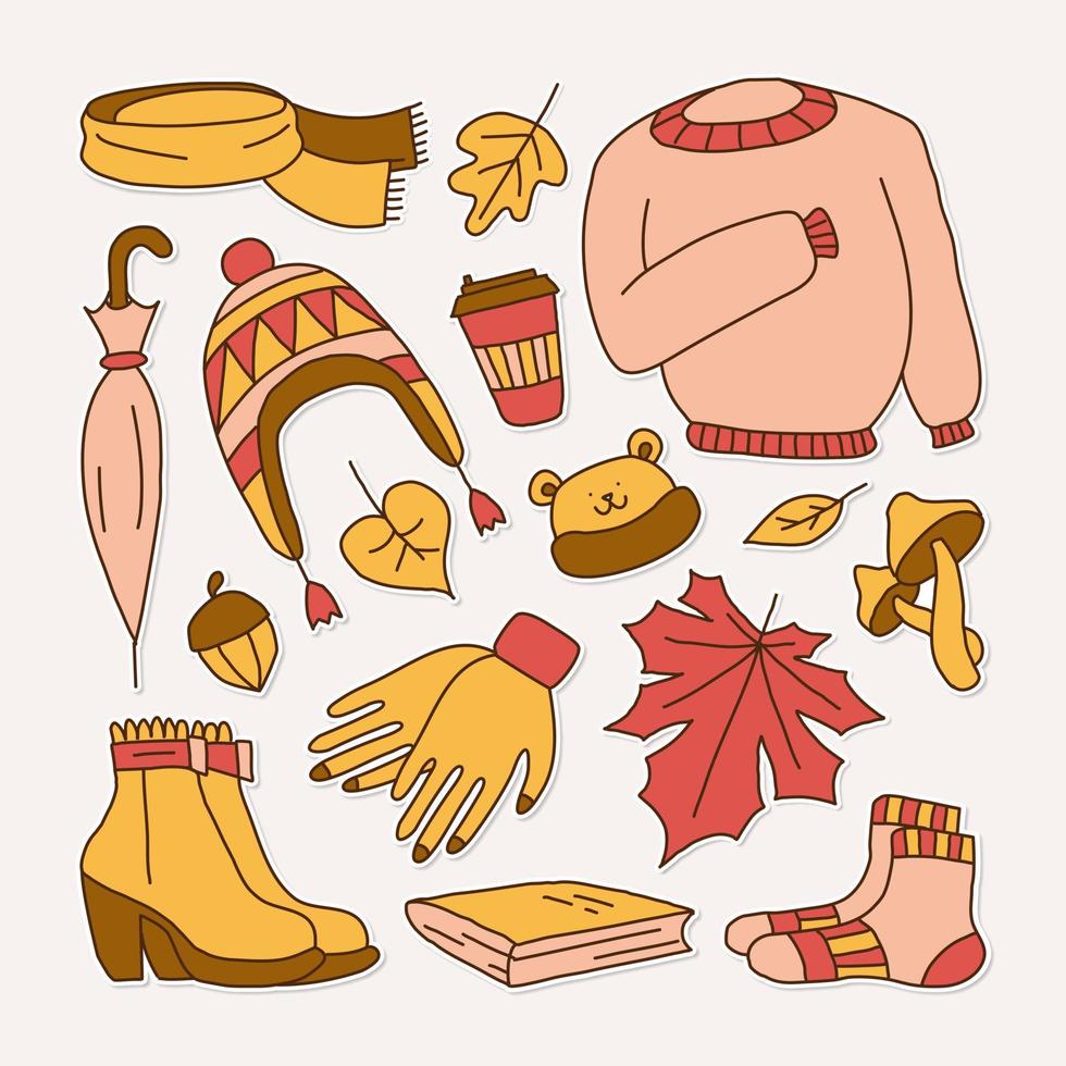 set of icons symbolizing autumn, bright cartoon childish style, vector