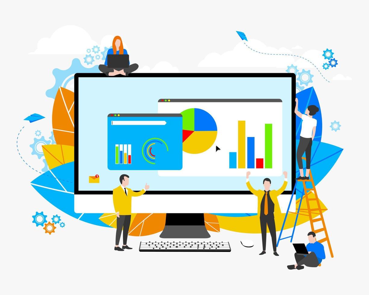 MobileBusiness concept. vector illustrations, people links of one mechanism, business mechanism, abstract background with gears, people are engaged in business promotion, new ideas and strateg. EPS-10