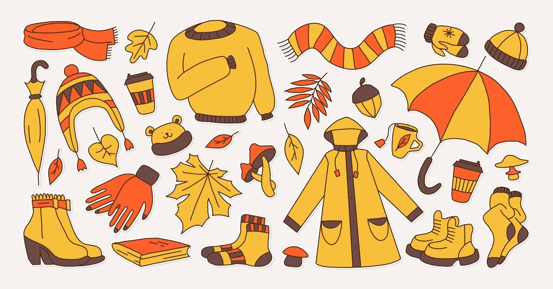 set of icons symbolizing autumn, bright cartoon childish style, vector