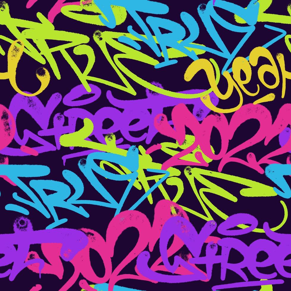 multicolored graffiti background with spray letters, bright colored lettering tags in the style of graffiti street art. Vector illustration seamless pattern