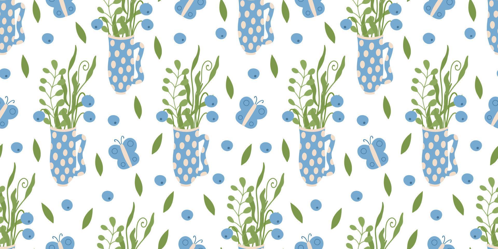 Vector seamless pattern with mugs decorated with polka dots, butterflies and blueberries and herbs on white background. Great for linens, wallpapers, covers.