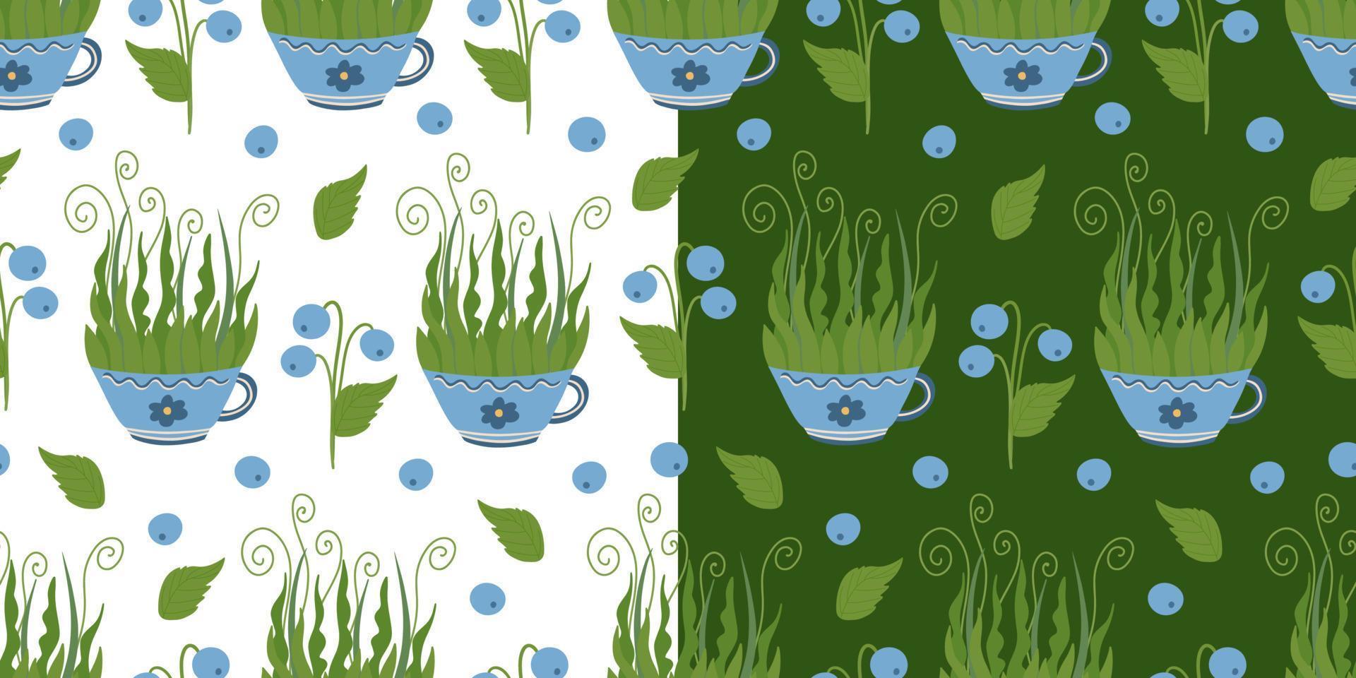 Set of vector seamless patterns with mugs decorated with flowers and blueberries on white and green backgrounds. Great for linens, wallpapers, covers.