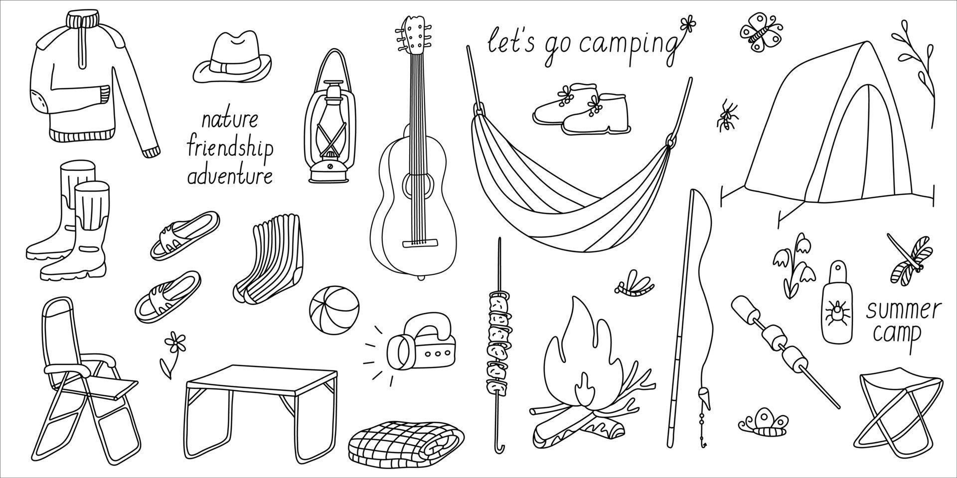 Set of vector illustrations of tourism and camping equipment in doodle style on white background. Isolated black outline. Local travel hand drawn icon collection. Summer nature rest and adventure.