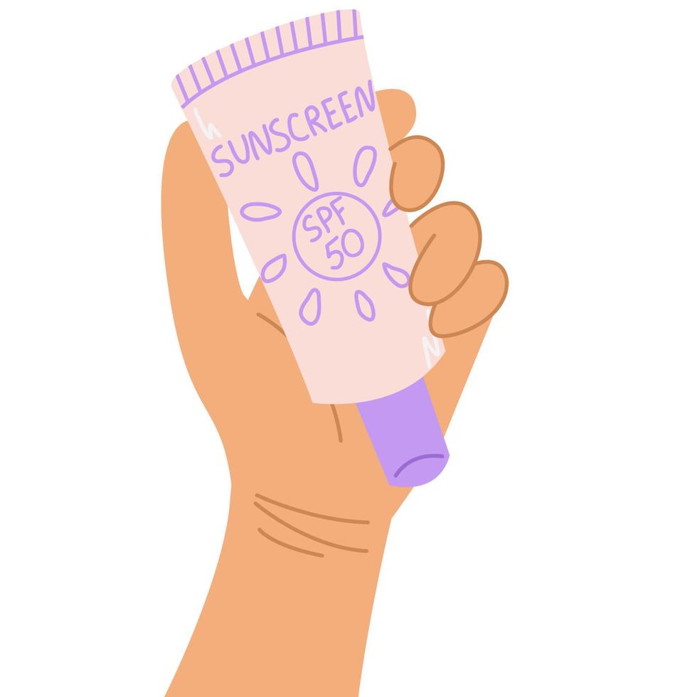 Hand holding sunscreen.Skin care routine.Sunscreen moisturizer, sunblock, skin protection and UV rays blocking concept. vector