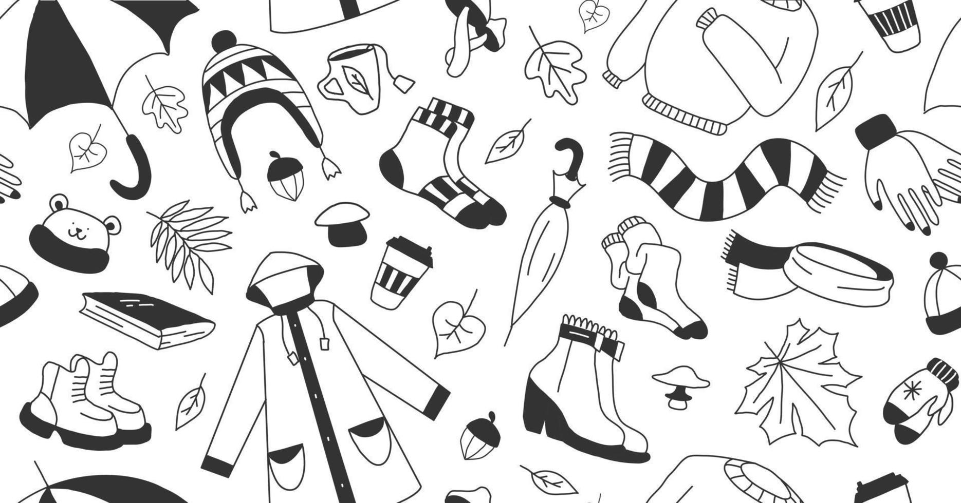 black set of icons symbolizing autumn, bright cartoon childish style, vector
