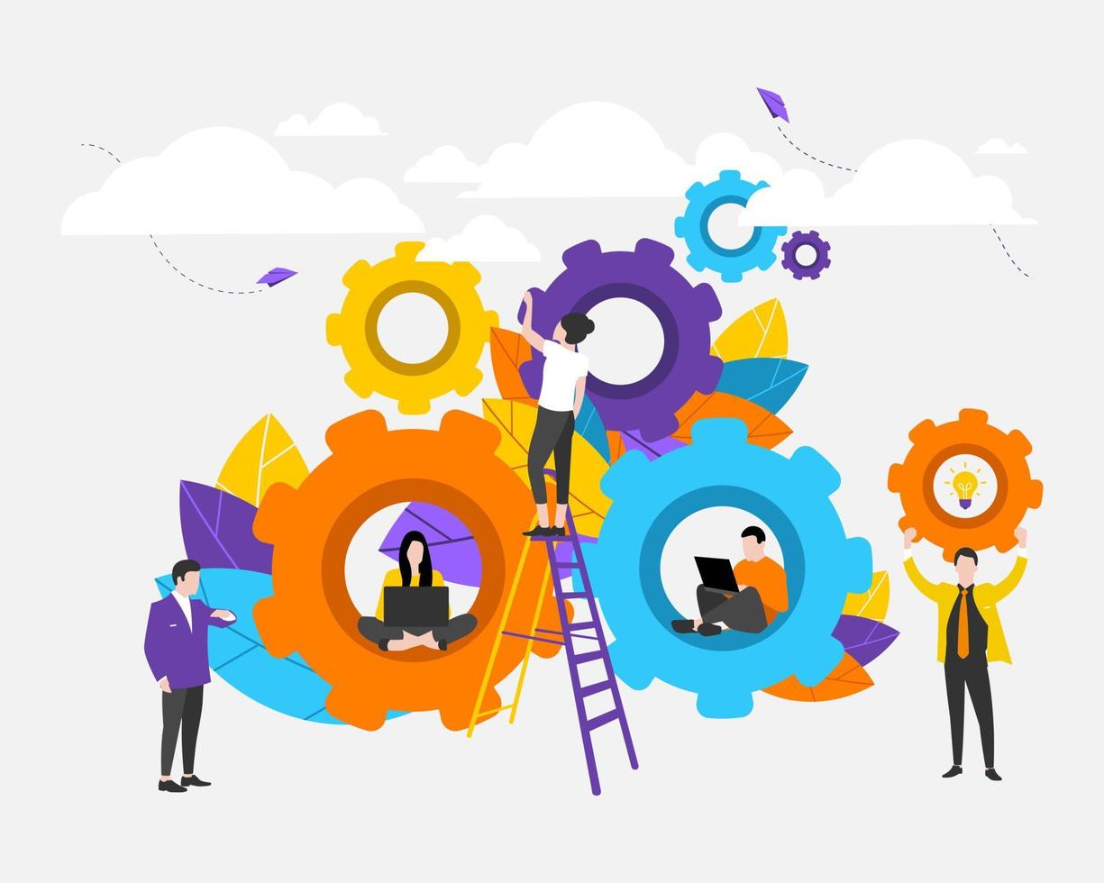 MobileBusiness concept. vector illustrations, people links of one mechanism, business mechanism, abstract background with gears, people are engaged in business promotion, new ideas and strateg. EPS-10