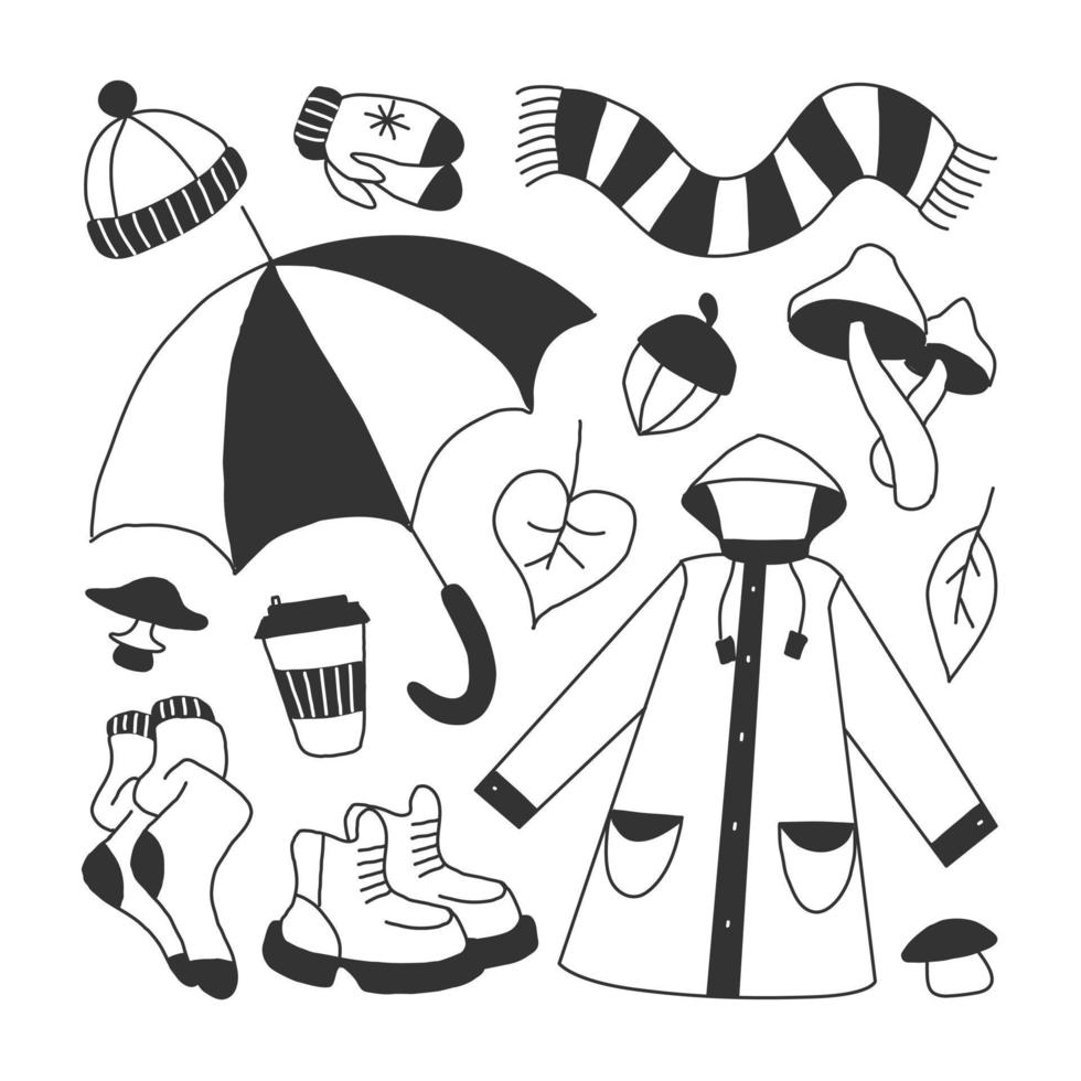 black set of icons symbolizing autumn, bright cartoon childish style, vector