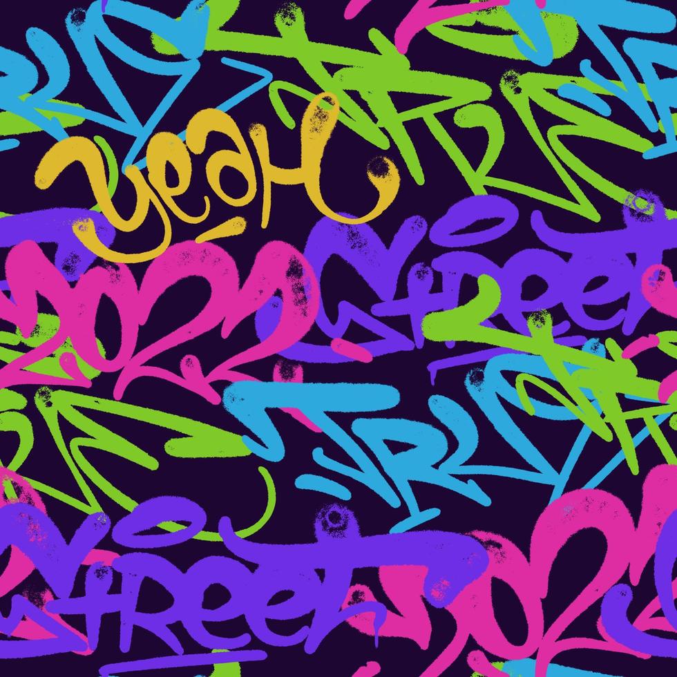 multicolored graffiti background with spray letters, bright colored lettering tags in the style of graffiti street art. Vector illustration seamless pattern