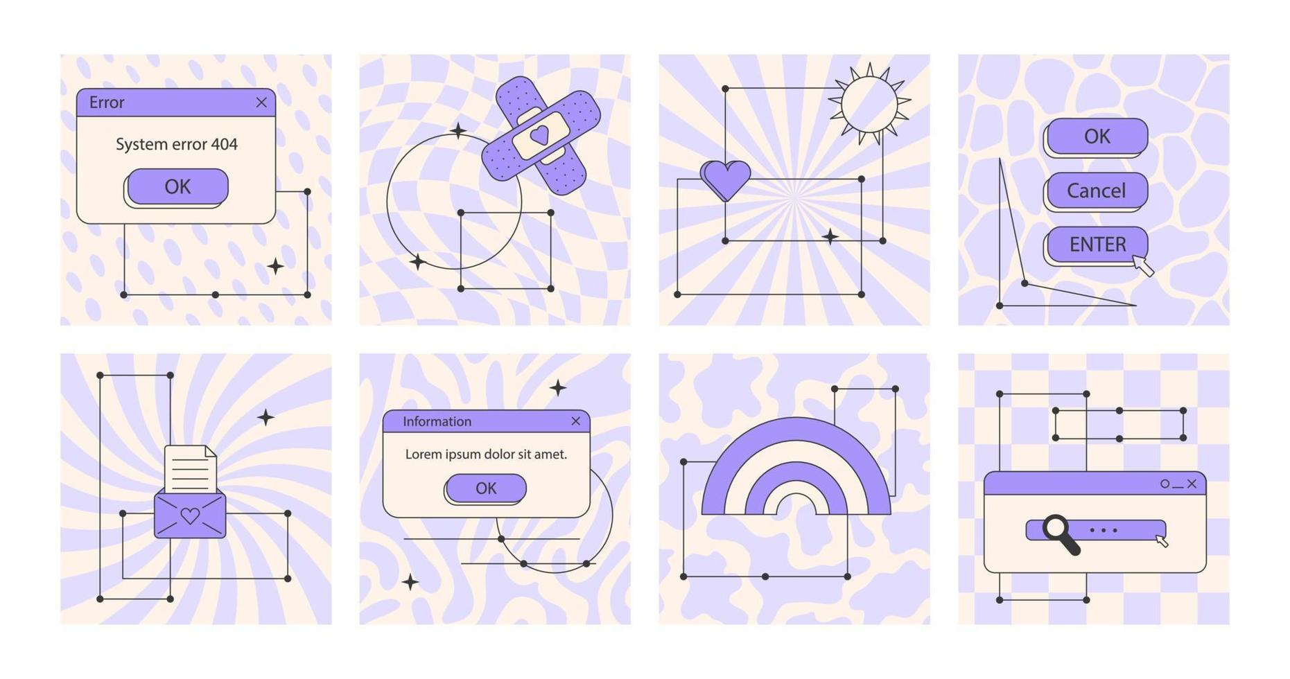 Cute nostalgic 90s retro vaporwave post and story template. Social media stories and posts with old computer aesthetic ui elements vector set. Vector Illustration of retro groovy abstract interface.