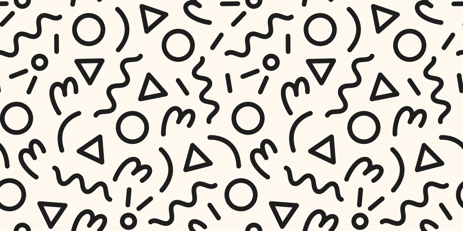 Fun colorful line doodle seamless pattern. Creative minimalist style art background for children or trendy design with basic shapes. Simple party confetti texture, childish scribble shape backdrop. vector