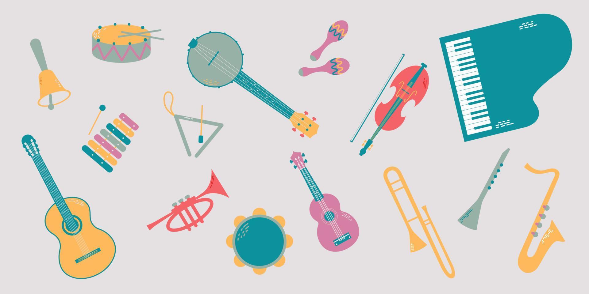 Vector musical instruments, wind and string. Big orchestra. Drum, maracas, triangle, bell, xylophone, tambourine, piano, wind trumpet, saxophone, clarinet, trombone, guitar, banjo, ukulele.