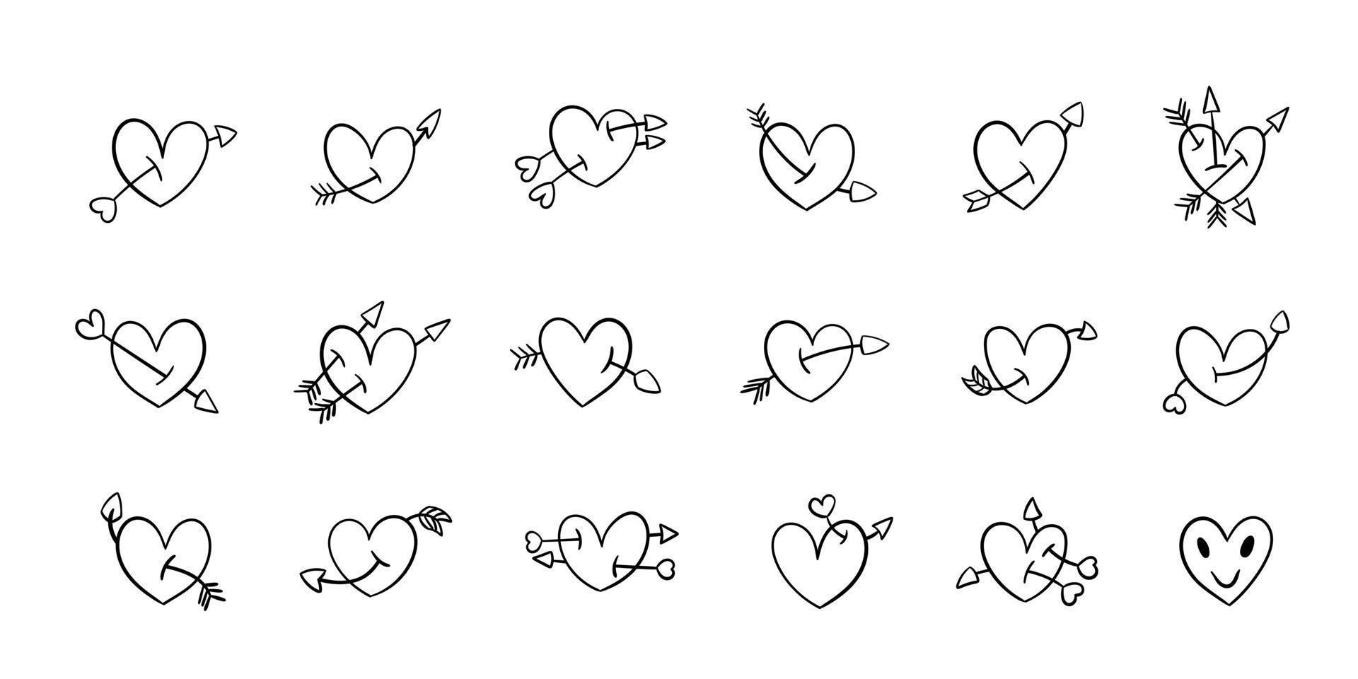 Set of hand drawn hearts with arrows in different positions. vector