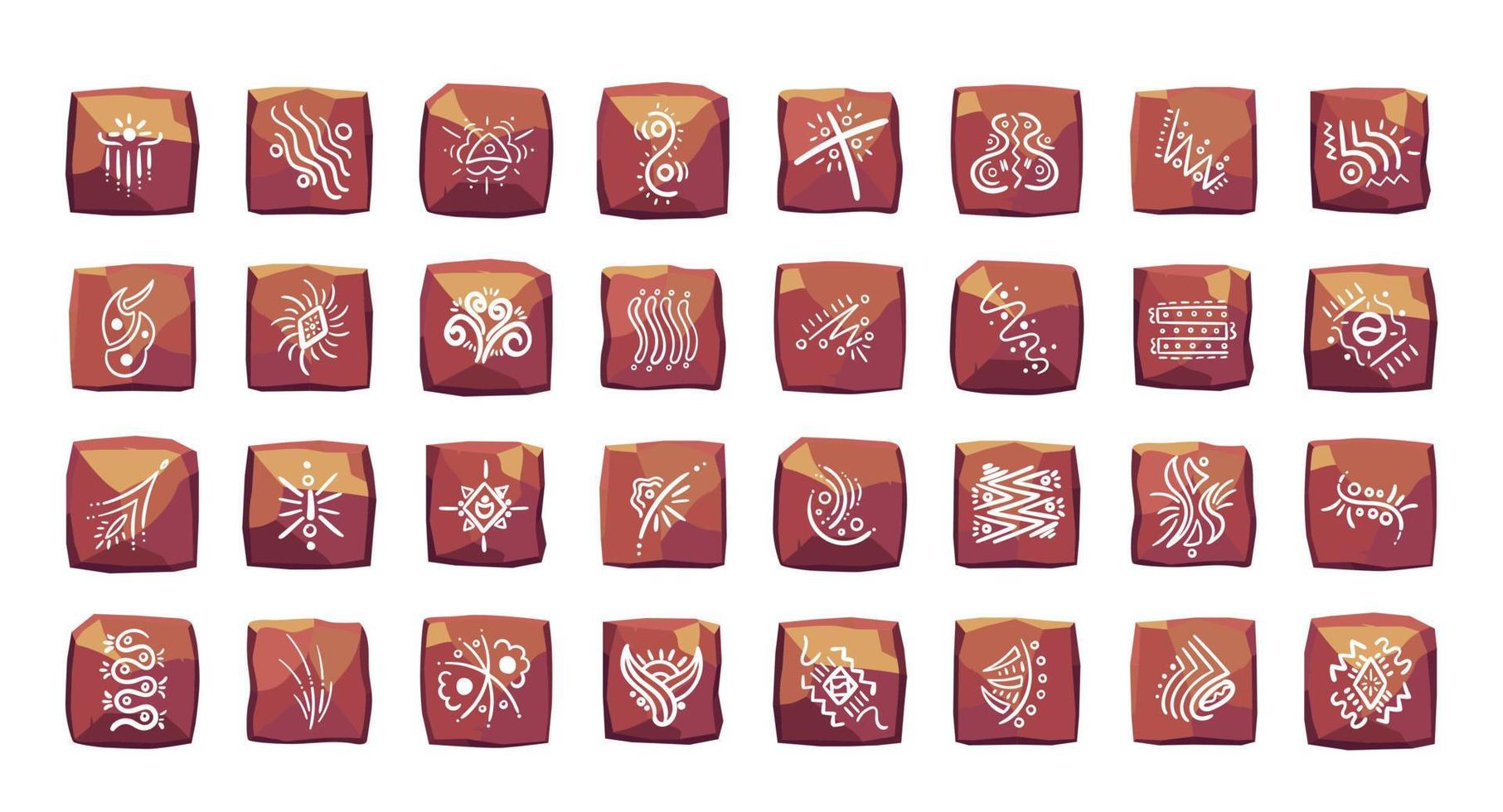 Random hand drawn tribal symbols on red square stones. Stone age style. vector