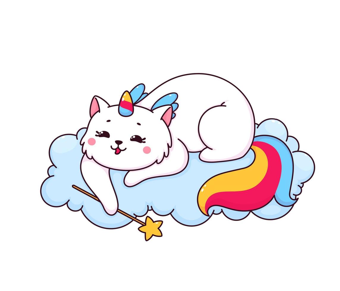 Cartoon caticorn character with magic wand vector