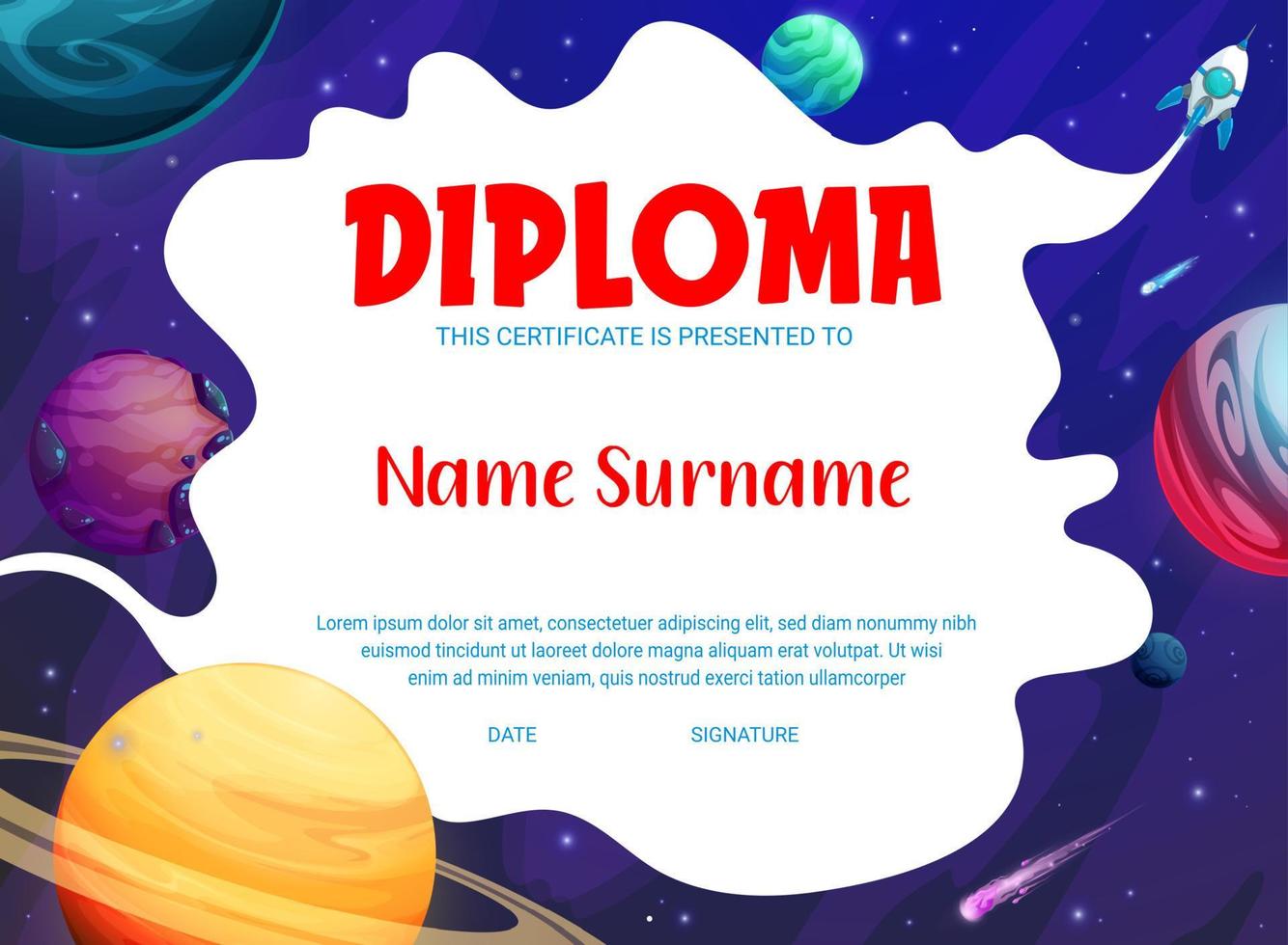 Kids diploma, starry galaxy, spaceship and space vector