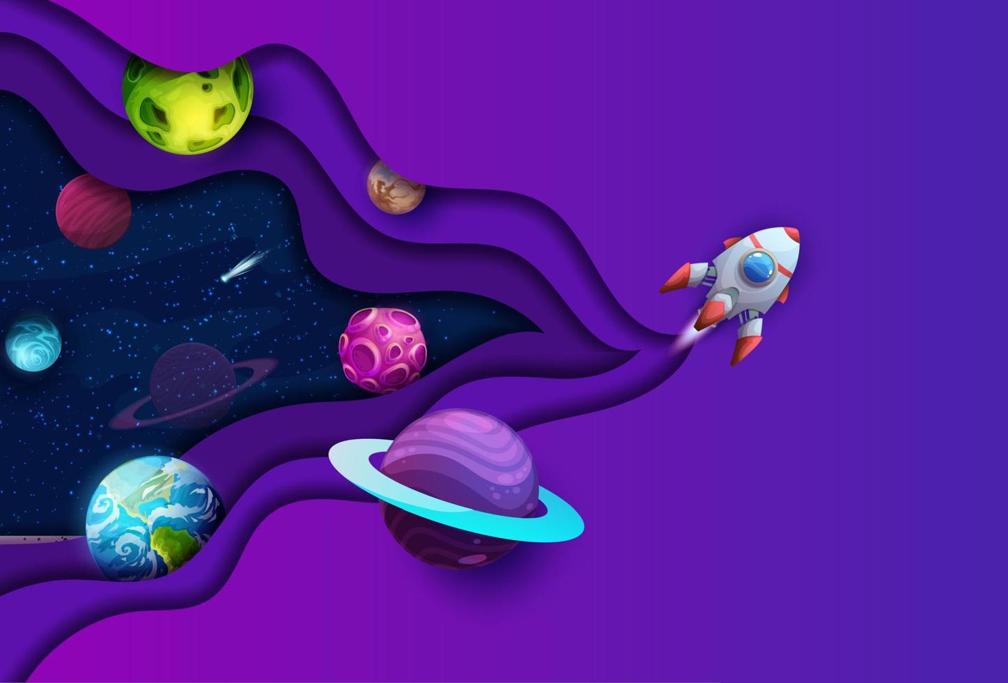 Space paper cut rocket, starry galaxy with planets vector