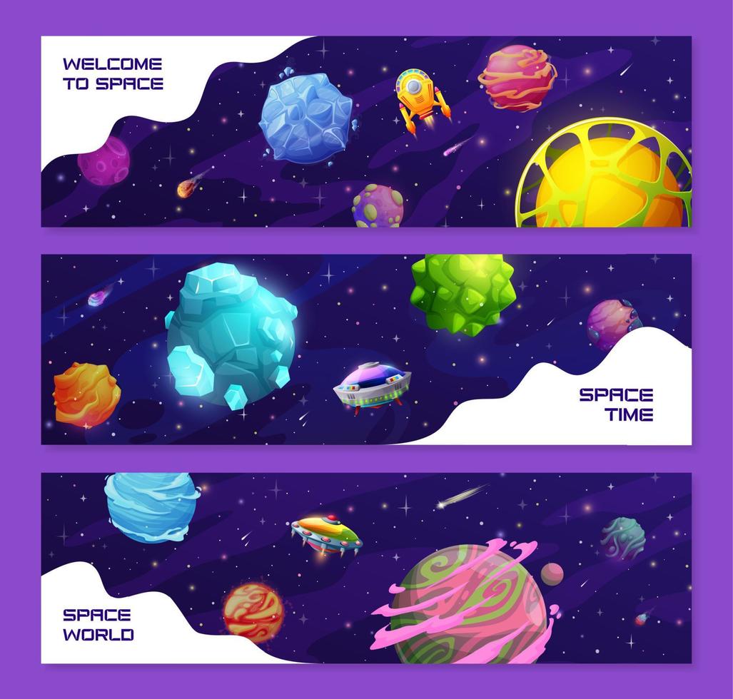 Cartoon galaxy space banners, fantasy alien UFO vector