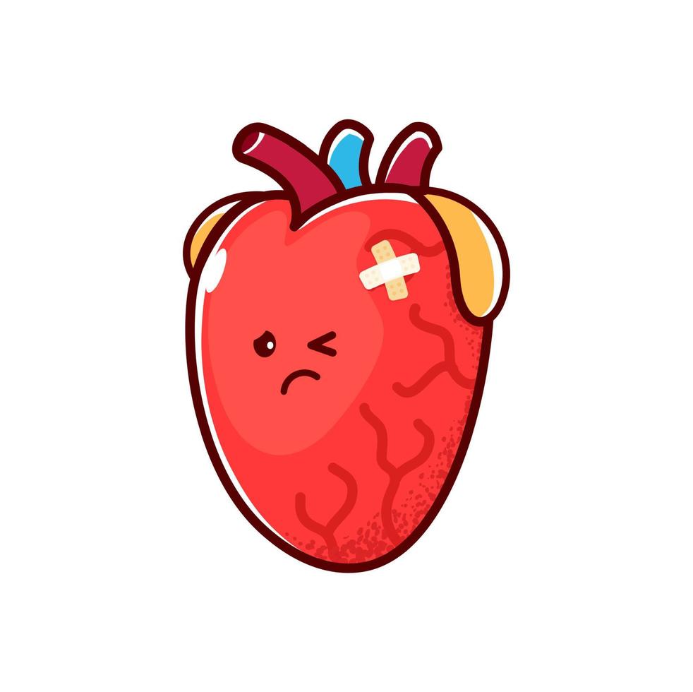 Cartoon unhappy sick heart character, sad heart vector