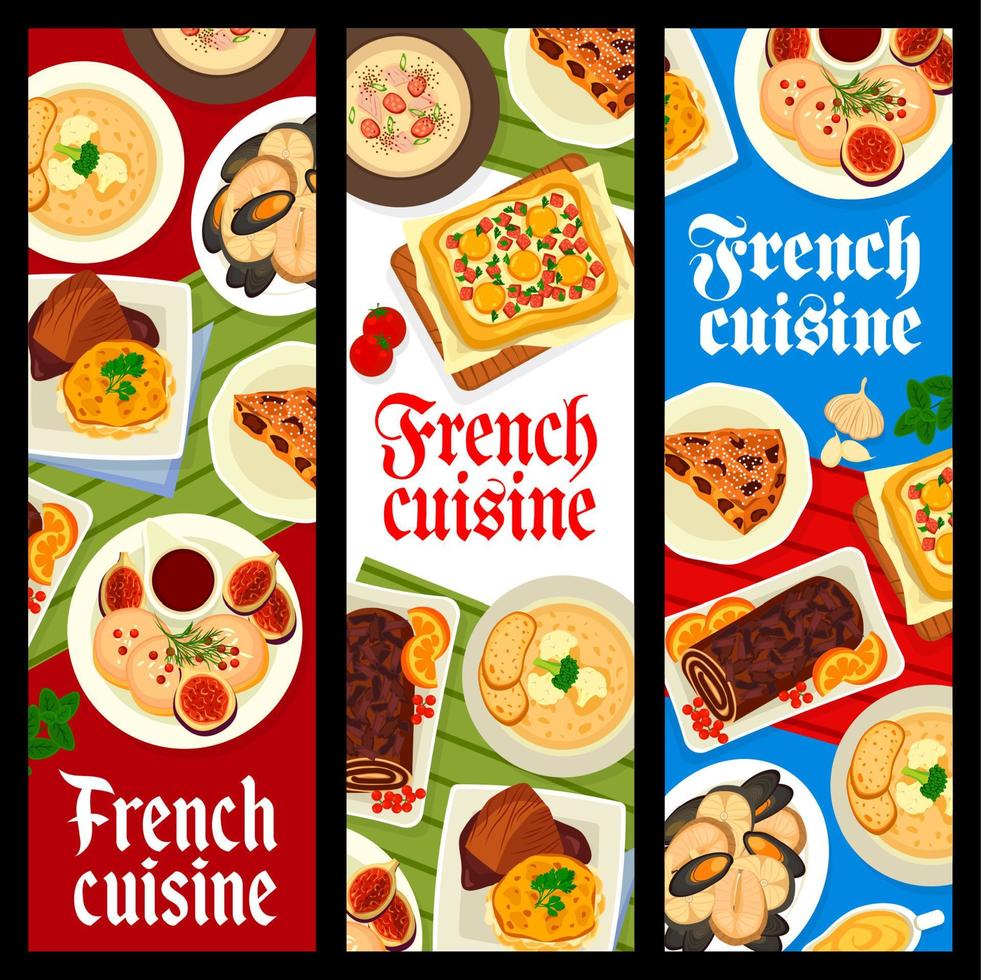 French cuisine banners, food dishes, meals plates vector