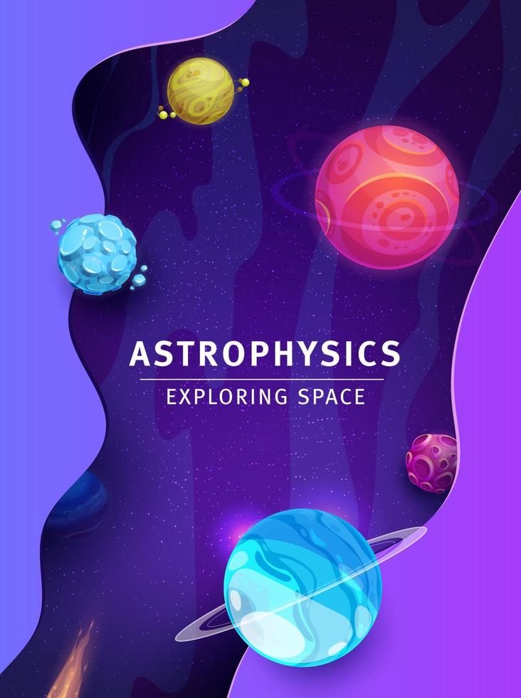 Astrophysics poster, galaxy space planets, stars vector
