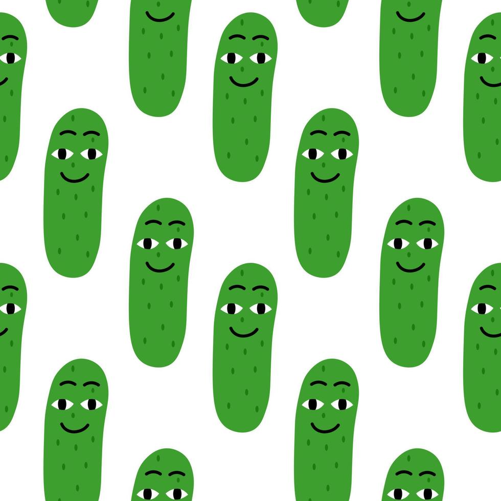 Funny doodle cucumbers with faces seamless pattern on white background. Veggies cute illustration. vector