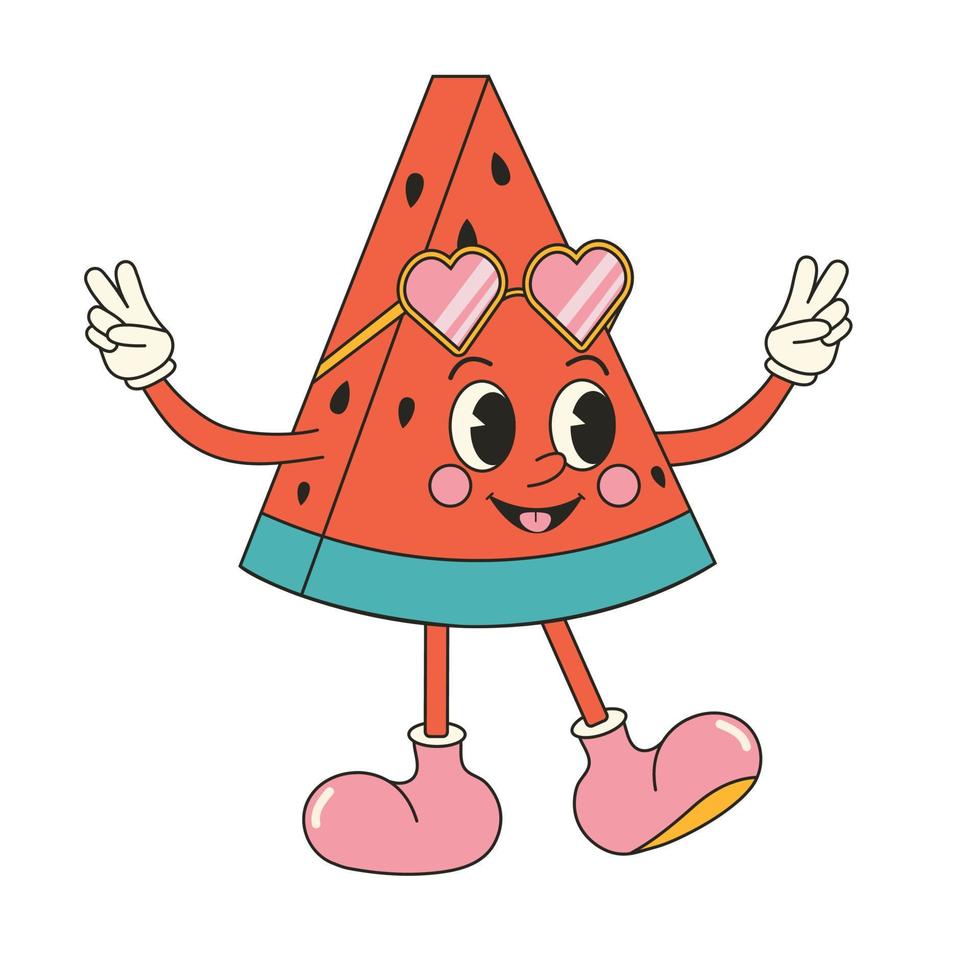 Cute watermelon character sticker in y2k groovy style. Retro cartoon character in trendy retro style, comic mascot character. vector