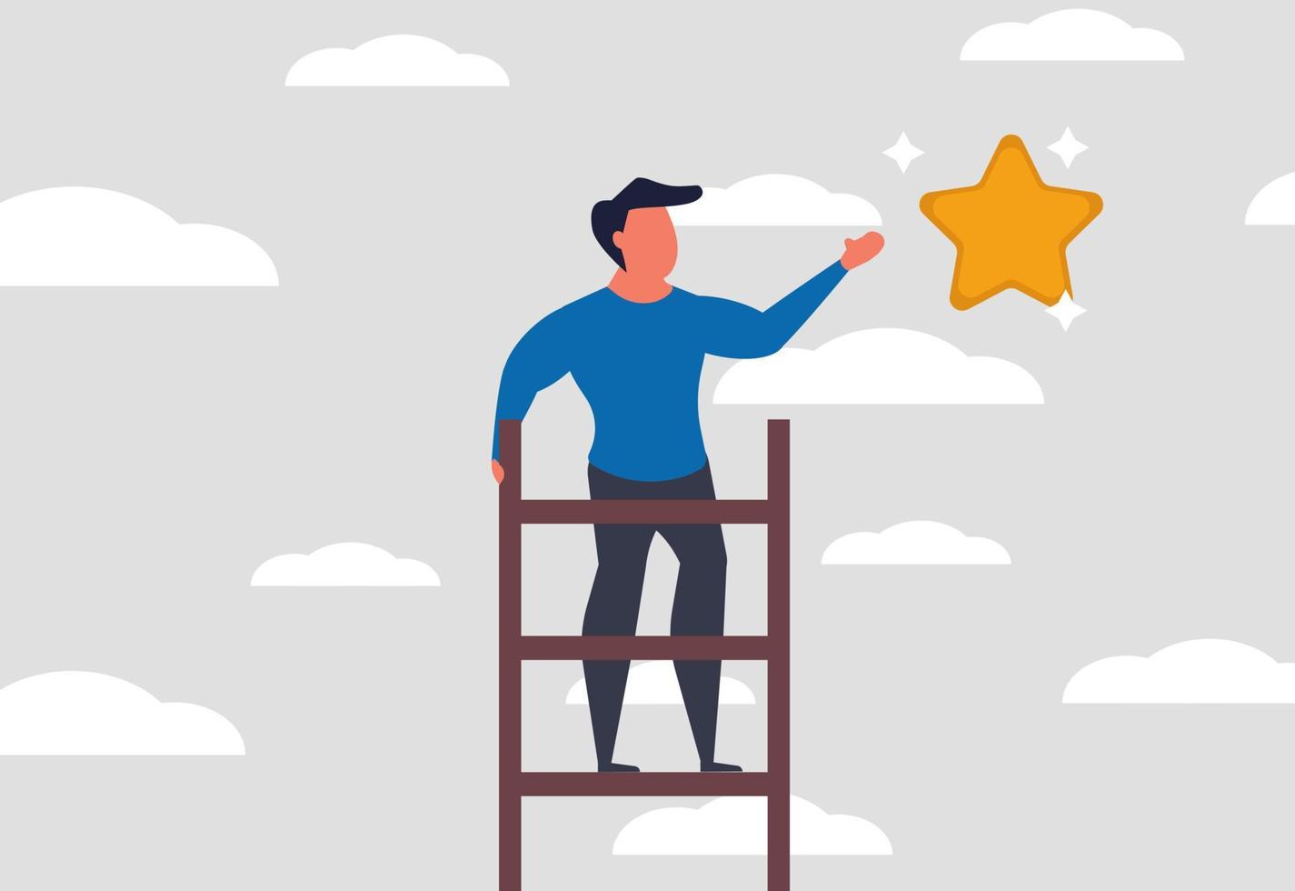 Ladder of opportunity and success. A man stands on a ladder and tries to catch a golden star and good luck. Achievement in their careers. Businessman climbs the stairs. Vector illustration