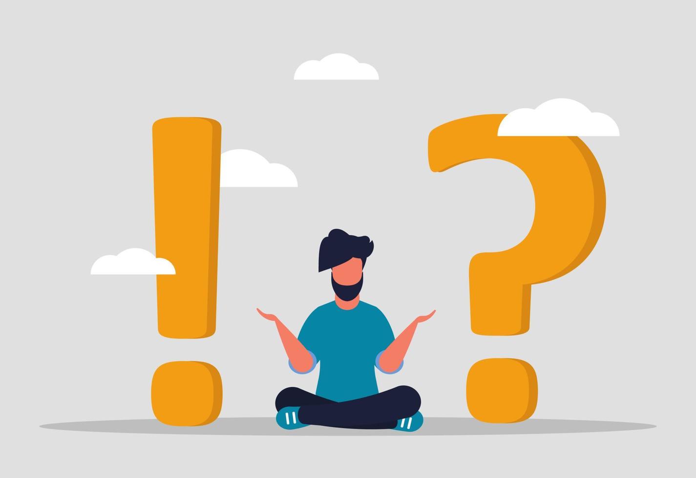Questions and Answers or Frequently Asked Questions. Discussion solution and brainstorming. A man sits and solves questions and looks for an answer. Vector illustration