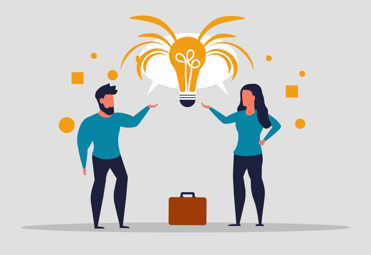 A general idea in a business discussion of a company or team. Brainstorming people and effective solution idea. Man and woman talk about business together. Vector illustration