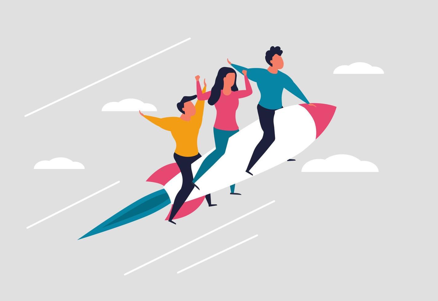 A successful team sits on a rocket and flies up. Leadership in business and achieving success in a team. Startup partnership and business people successful. Vector illustration