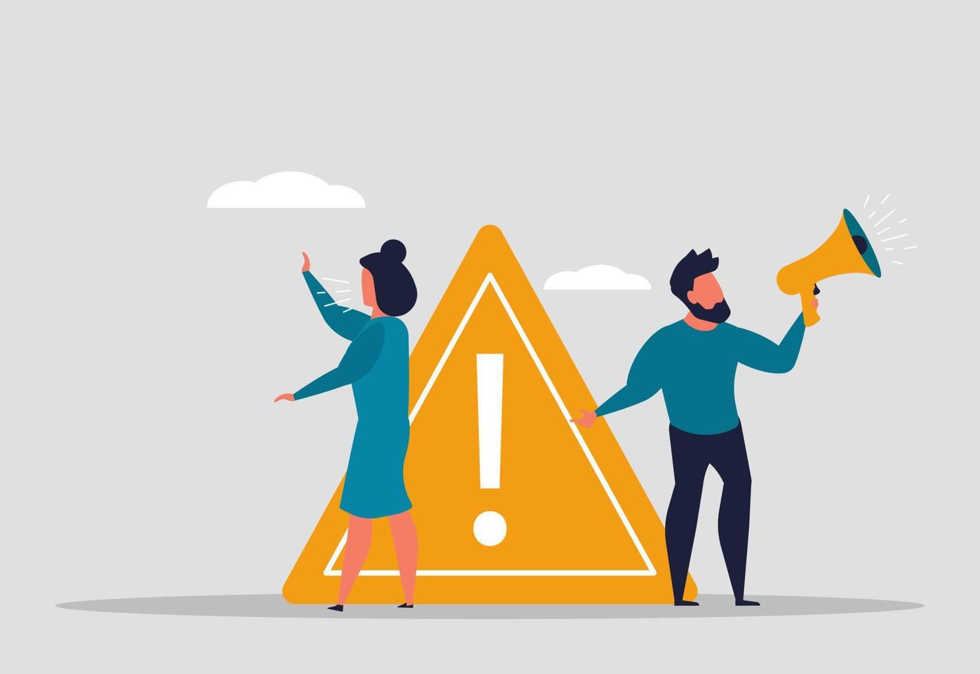 A very important announcement, a man with a megaphone and a screaming woman announce the news. Information or breaking news. Business people with an exclamation point. Vector illustration