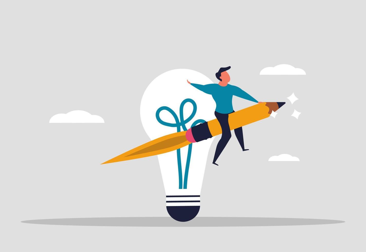 Creation of new ideas. A man flies on a pencil near a light bulb. Inspiration and brilliant ideas in business. Creative thinking of a person at work. Vector illustration